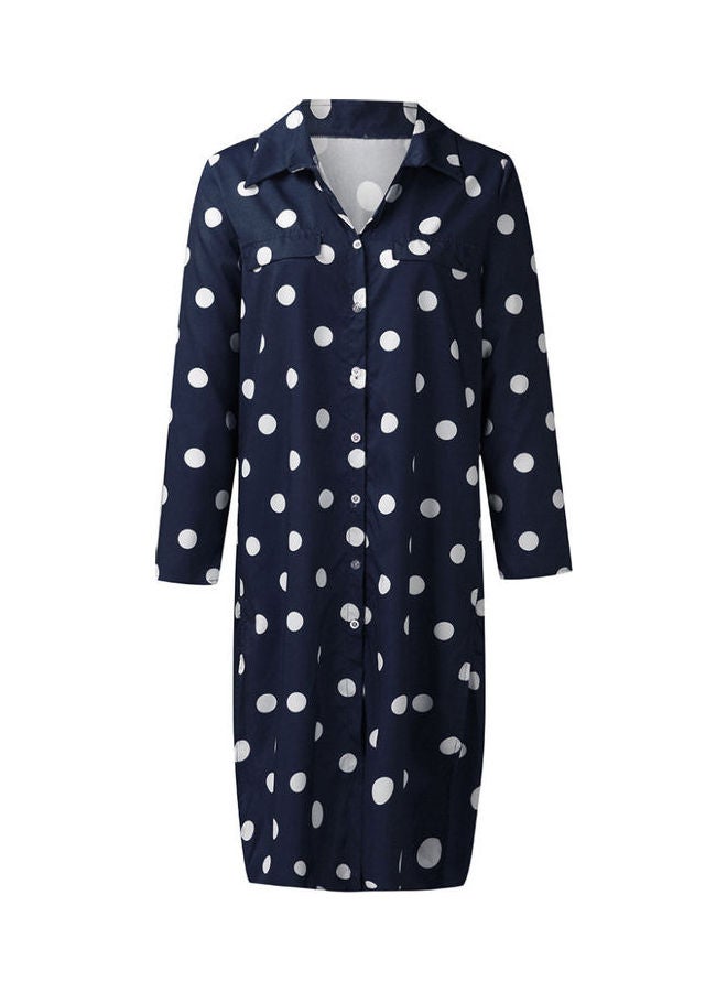 Polka Dot Turn Down Collar Maxi Dress Dark Blue  - Image 1