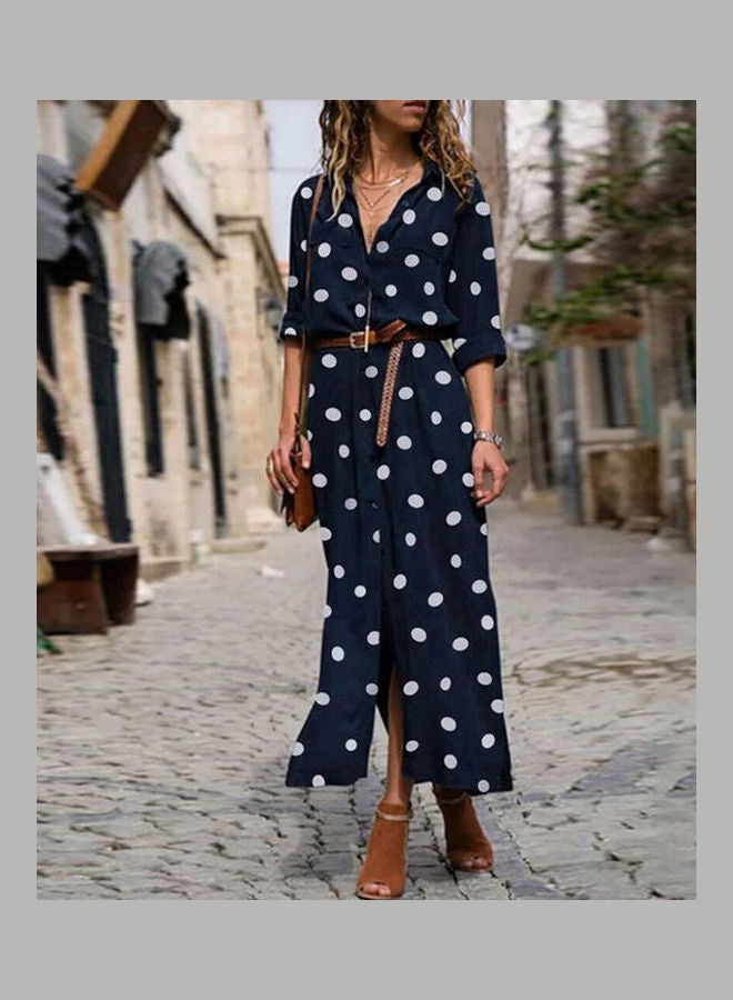 Polka Dot Turn Down Collar Maxi Dress Dark Blue  - Image 2