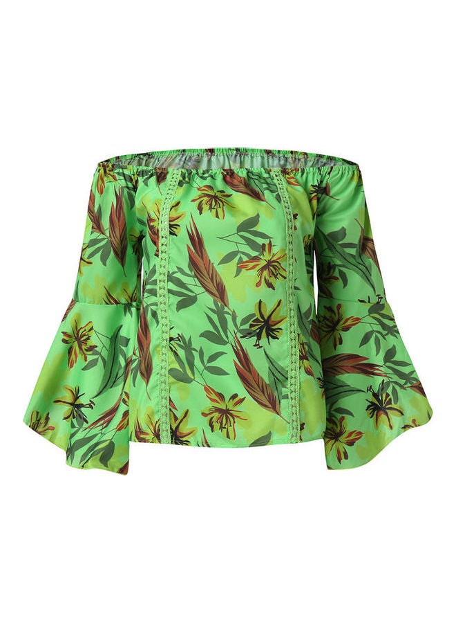 3/4 Flare Sleeved Leaves Print Off Shoulder Shirt Loose Blouse Green  - Image 1