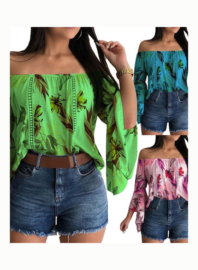 3/4 Flare Sleeved Leaves Print Off Shoulder Shirt Loose Blouse Green  - Image 3