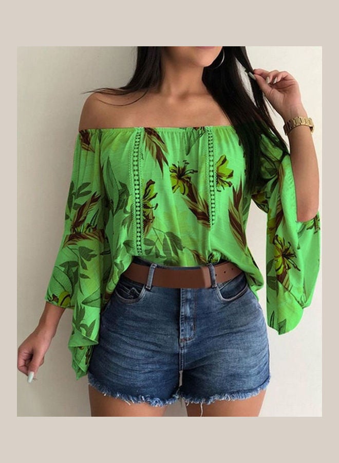 3/4 Flare Sleeved Leaves Print Off Shoulder Shirt Loose Blouse Green  - Image 2