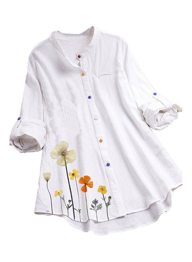 Long Sleeves Floral Print Colourful Buttons Loose Shirt White