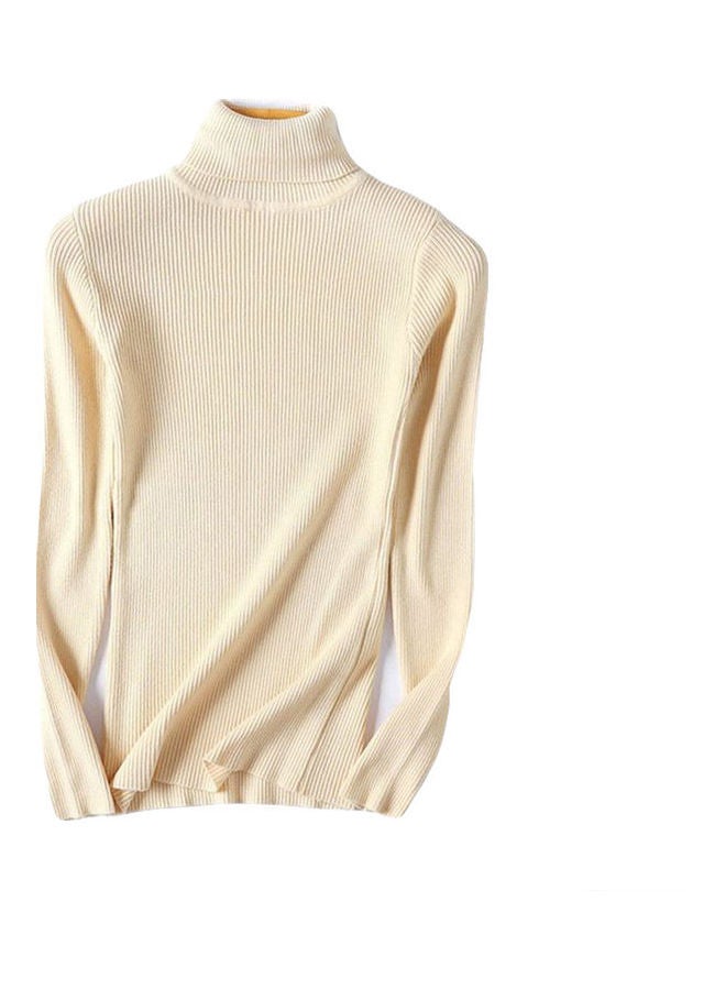 Turtle Neck Elastic Slim Knitted Pullover Sweater Apricot 