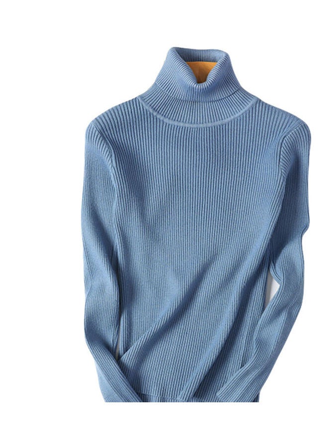 lastic Slim Knitted Pullover Sweater Blue 