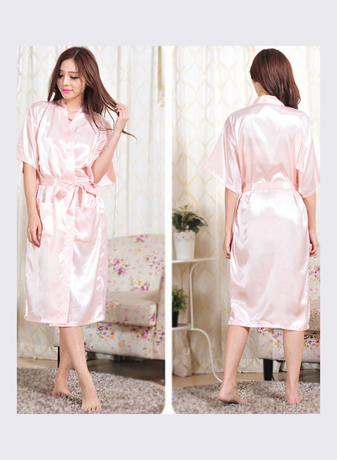 Generic - Silk Bath Robe With Waist Belt And Pockets Pink - Image 1