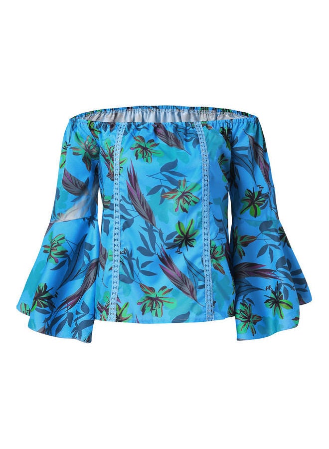 3/4 Flared Sleeved Leaves Print Off Shoulder Blouse Blue  - Image 1