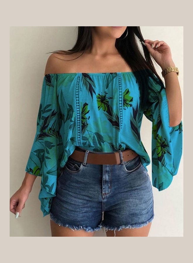 3/4 Flared Sleeved Leaves Print Off Shoulder Blouse Blue  - Image 2