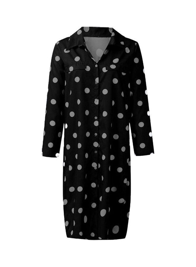 Polka Dot Turn Down Collar Maxi Dress Black  - Image 1