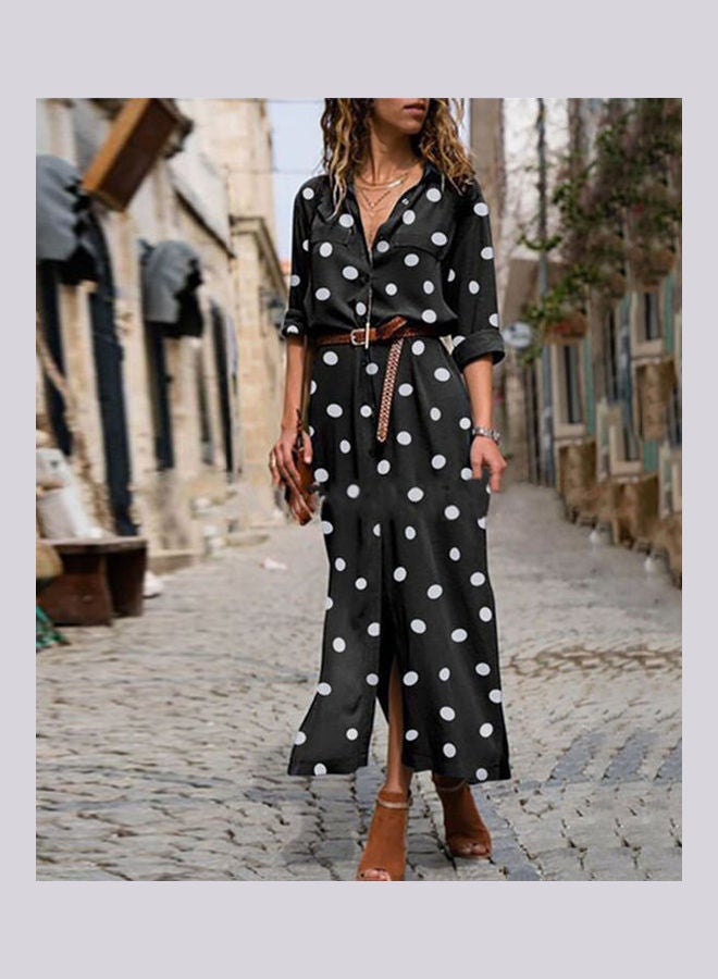 Polka Dot Turn Down Collar Maxi Dress Black  - Image 2