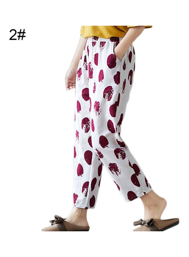 Elastic Waist Polka Dot Print Capri Pants White/Red  - Image 1