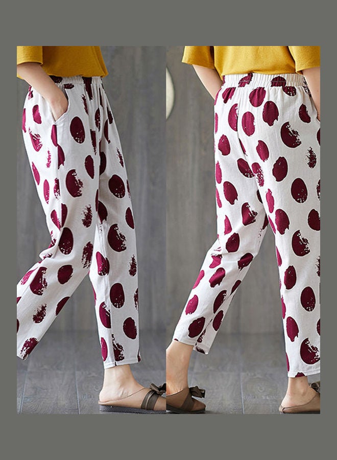 Elastic Waist Polka Dot Print Capri Pants White/Red  - Image 2