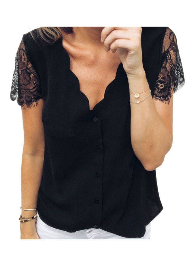 تيشيرت بأكمام من الدانتيل أسود - Image 1