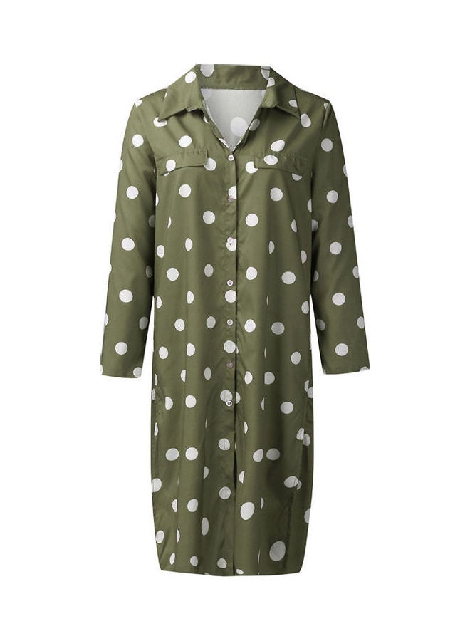 Polka Dot Turn Down Collar Maxi Dress Army Green  - Image 1