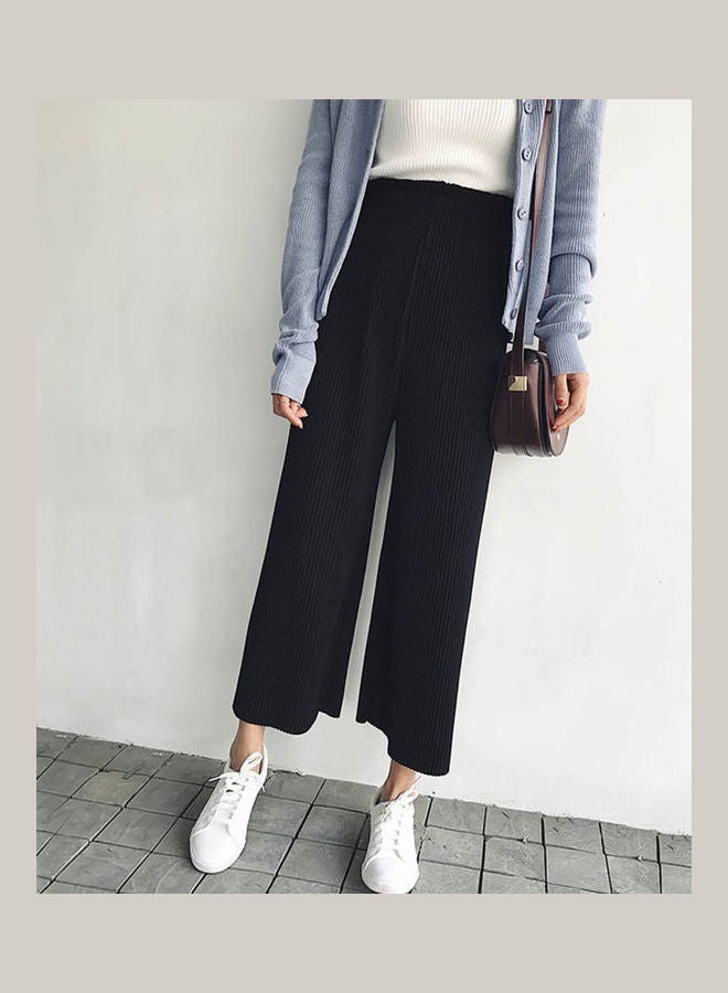 Ice Silk High Waist Drawstring Capri Pants Black  - Image 2