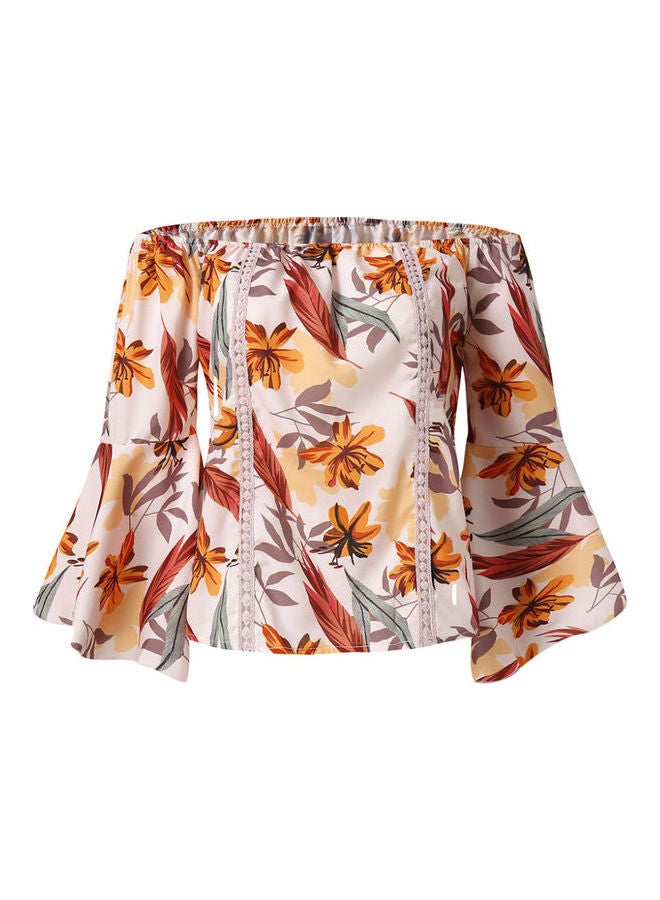 3/4 Flare Sleeved Leaves Print Off Shoulder Shirt Yellow  - Image 1