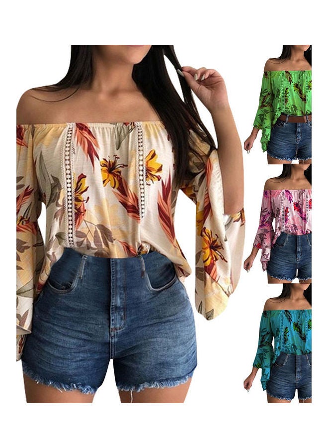 3/4 Flare Sleeved Leaves Print Off Shoulder Shirt Yellow  - Image 2