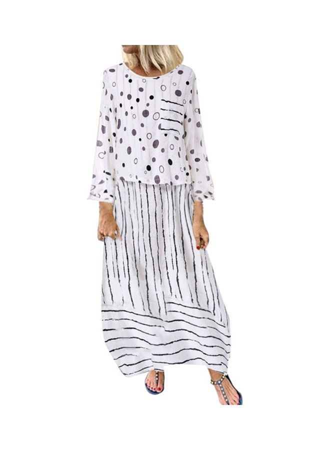 Women Long Sleeve Polka Dot Print Large Hem Fake Two Piece Loose Maxi Dress White - Image 2