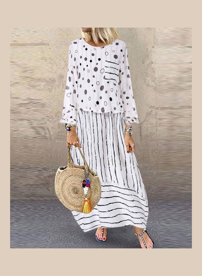 Women Long Sleeve Polka Dot Print Large Hem Fake Two Piece Loose Maxi Dress White - Image 1