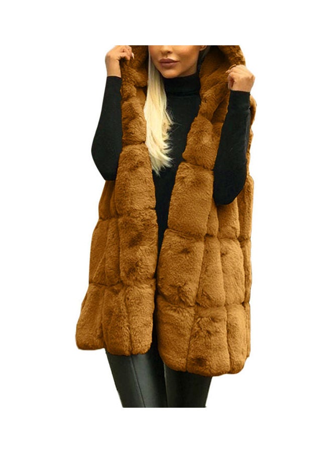 Faux Fur Vest Hooded Jacket Khaki  - Image 1