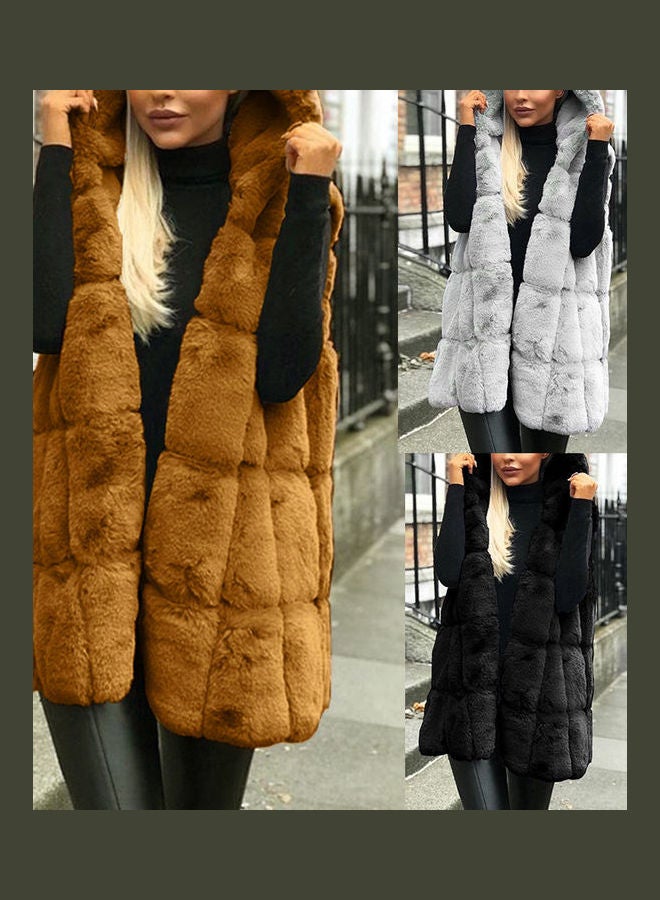Faux Fur Vest Hooded Jacket Khaki  - Image 2