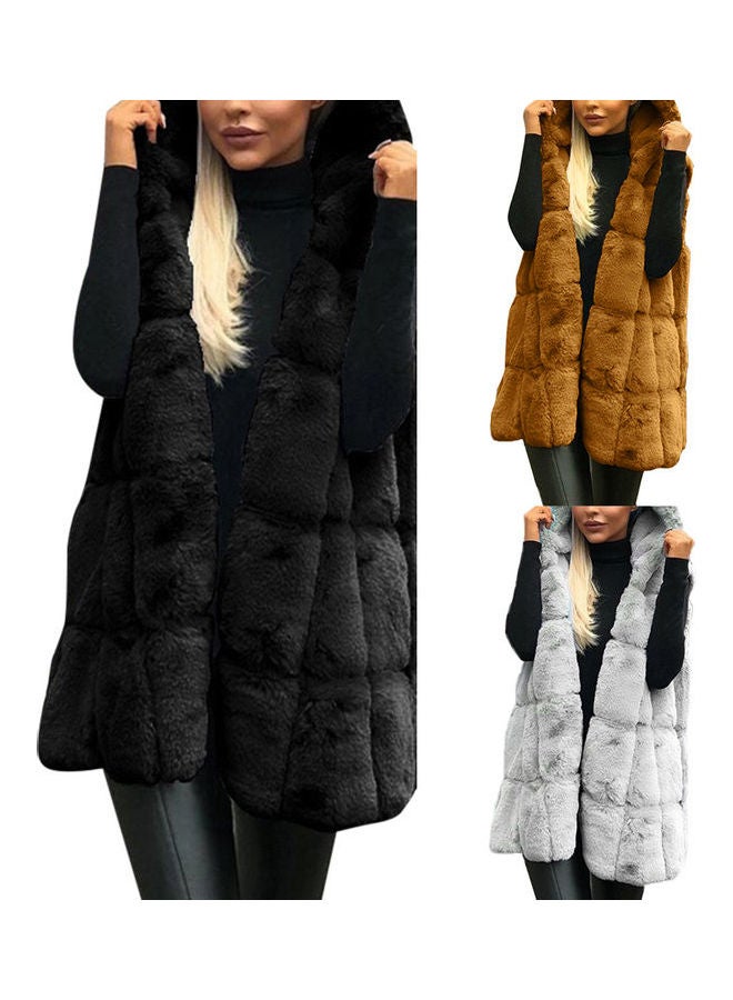 Faux Fur Vest Hooded Jacket Khaki  - Image 3