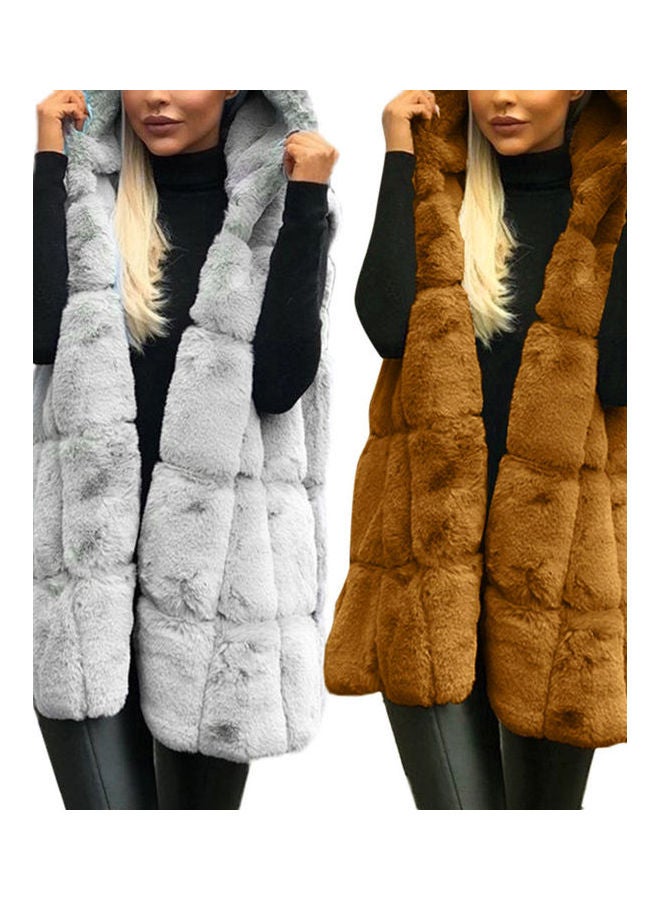 Faux Fur Vest Hooded Jacket Khaki  - Image 4
