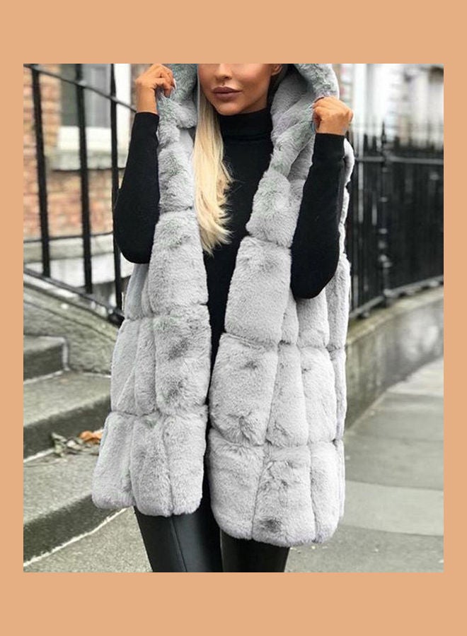 Faux Fur Vest Hooded Jacket Khaki  - Image 5