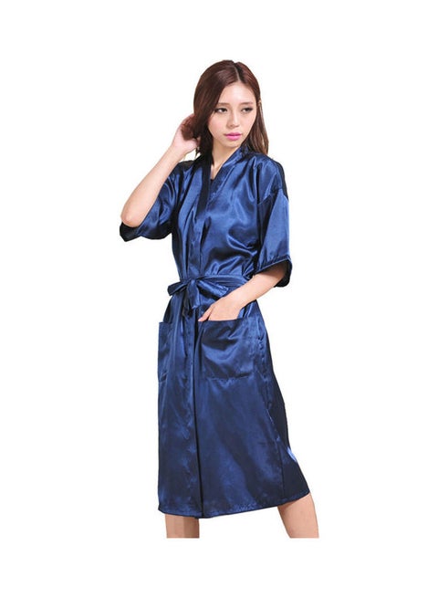 Silk Bath Robe With Waist Belt And Pockets Dark Blue