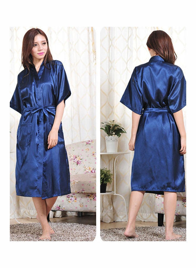 Silk Bath Robe With Waist Belt And Pockets Dark Blue