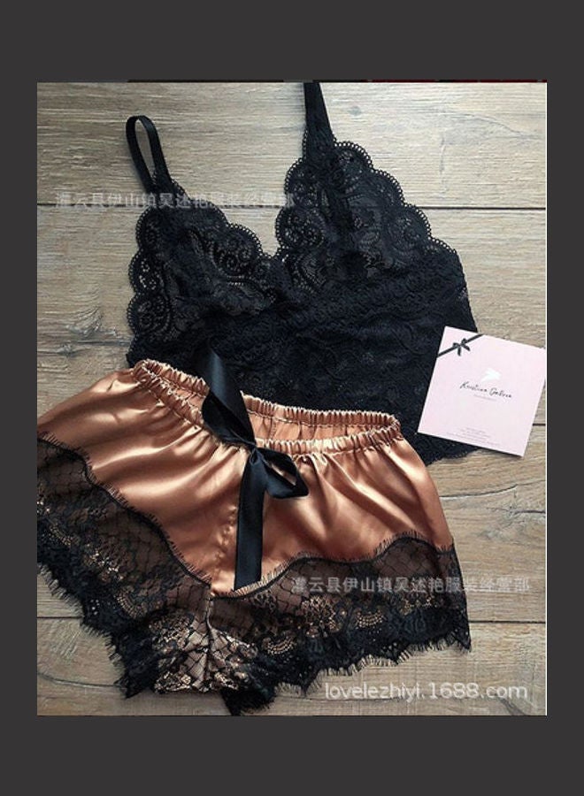 Generic Lace Bra With Bowknot Shorts Brown/Black 