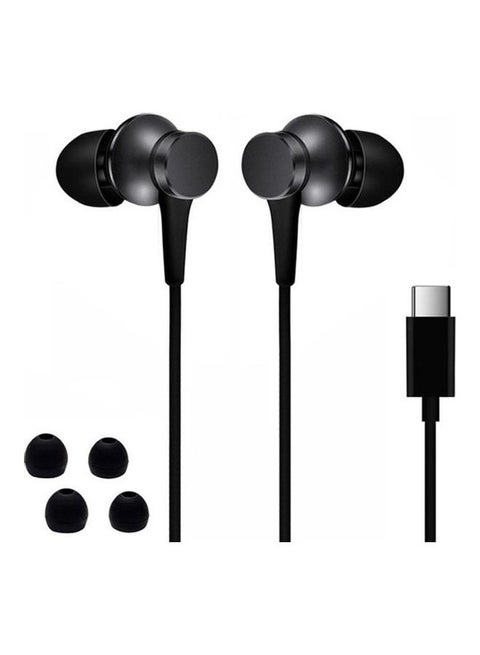سماعة أذن داخلية سلكية بمنفذ Type-C Usb وميكروفون أسود