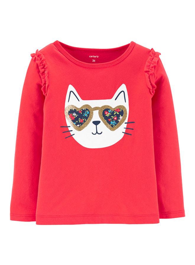 كارترز تيشيرت بأكمام طويلة مزين بكشكشة على شكل قطة للبنات بني/ أبيض/ أحمر - Image 1