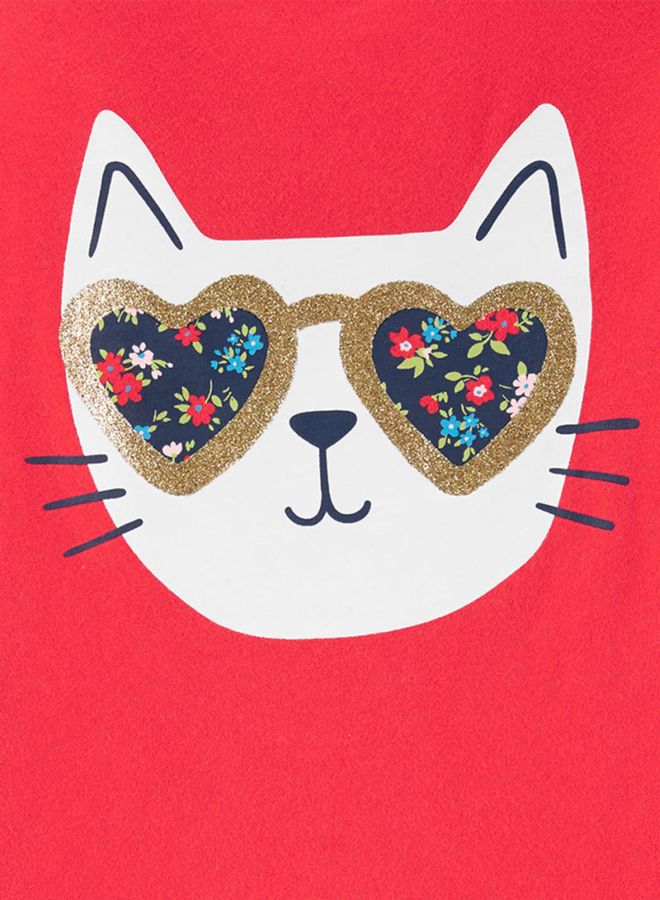 كارترز تيشيرت بأكمام طويلة مزين بكشكشة على شكل قطة للبنات بني/ أبيض/ أحمر - Image 2