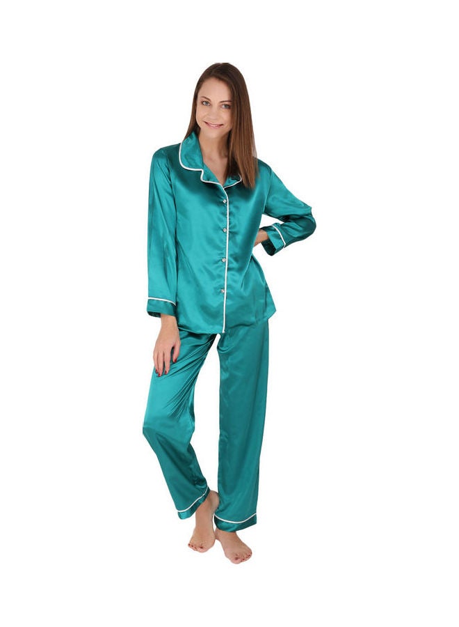 Nurteks 2-Piece Satin Solid Trim Pyjama Set Emerald - Image 1