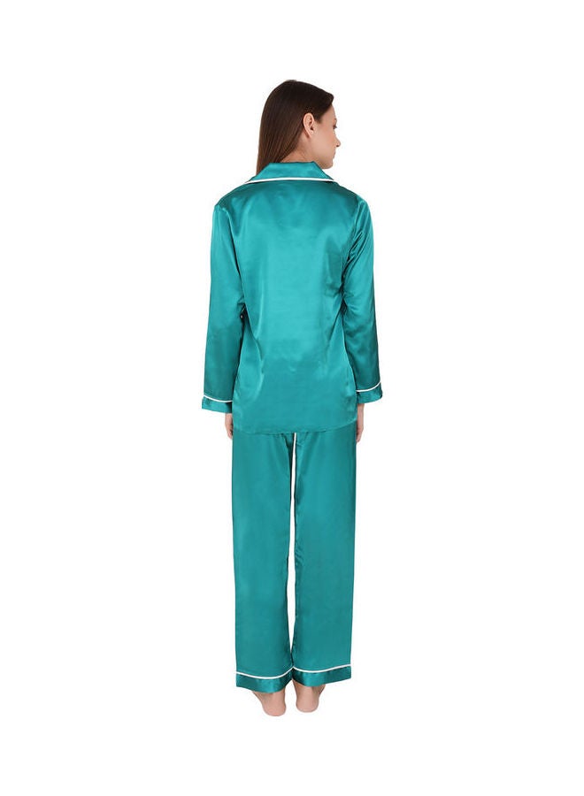 Nurteks 2-Piece Satin Solid Trim Pyjama Set Emerald - Image 2