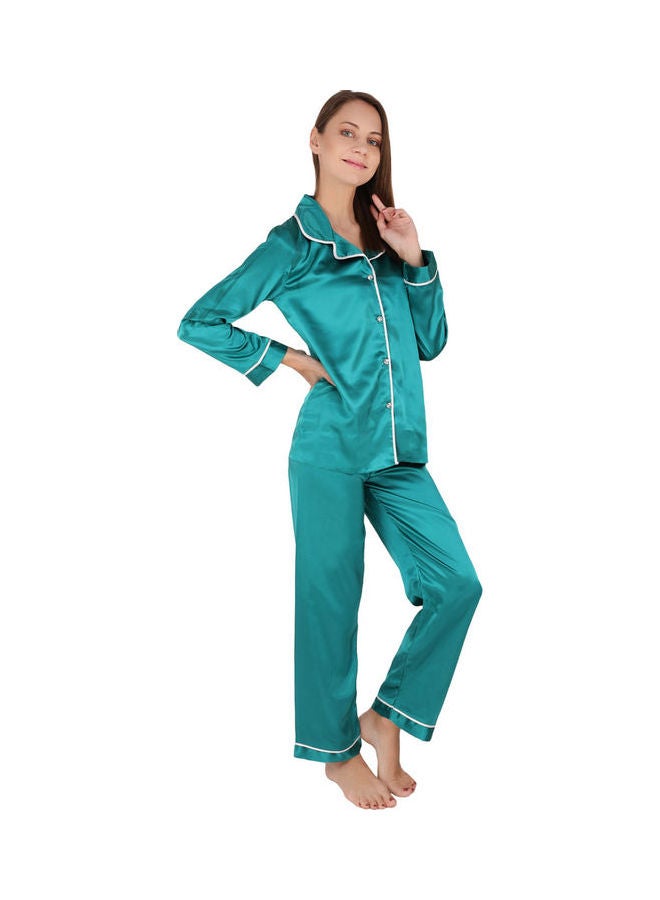 Nurteks 2-Piece Satin Solid Trim Pyjama Set Emerald - Image 3