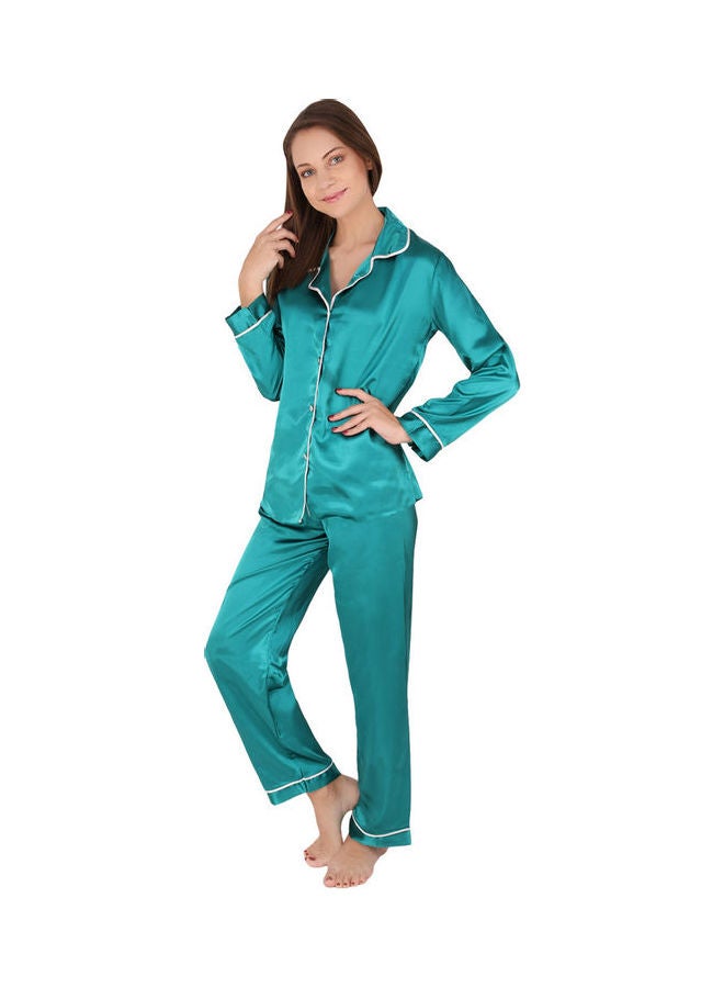 Nurteks 2-Piece Satin Solid Trim Pyjama Set Emerald - Image 4