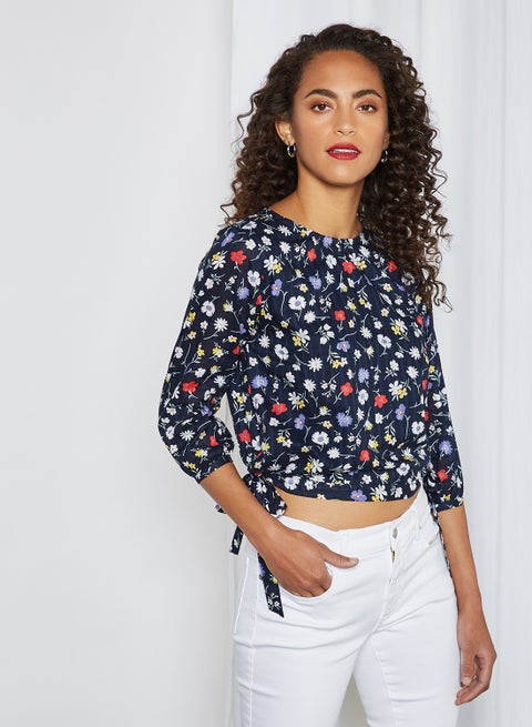 Tie Hem Printed Blouse Navy Blue