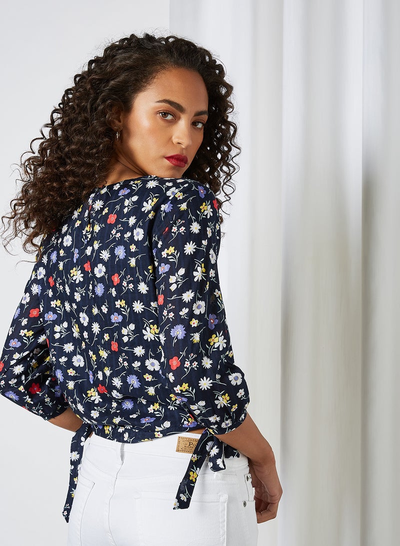 HERE&NOW - Tie Hem Printed Blouse Navy Blue - Image 1