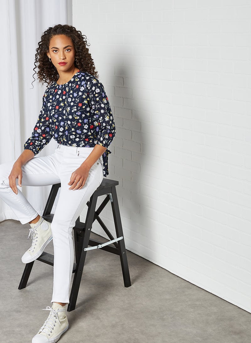 HERE&NOW - Tie Hem Printed Blouse Navy Blue - Image 1