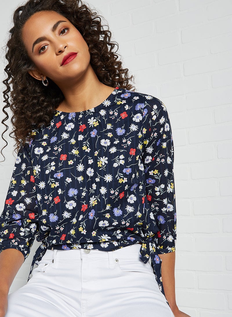 HERE&NOW - Tie Hem Printed Blouse Navy Blue - Image 1