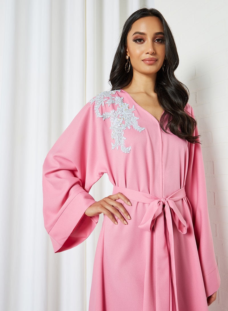 SIVVI for HANIYA - Lace Applique Belted Abaya Pink - Image 1