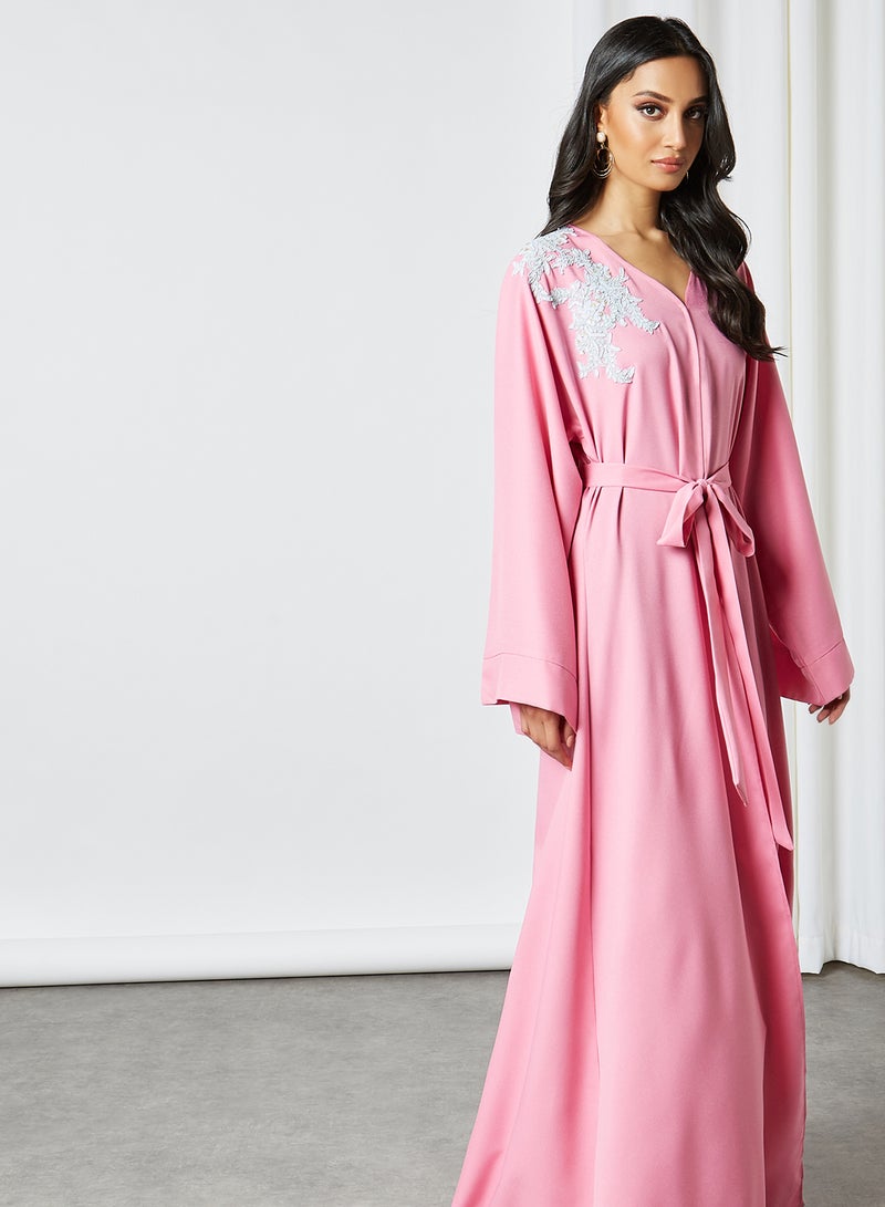 SIVVI for HANIYA - Lace Applique Belted Abaya Pink - Image 1