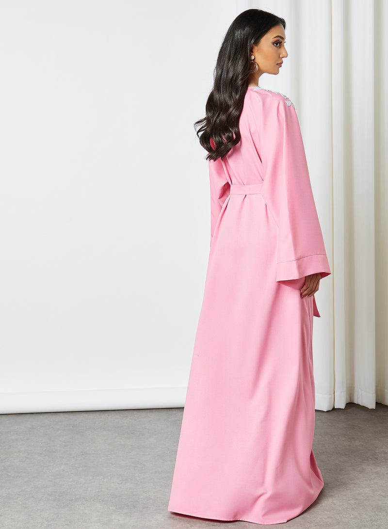 SIVVI for HANIYA - Lace Applique Belted Abaya Pink - Image 1