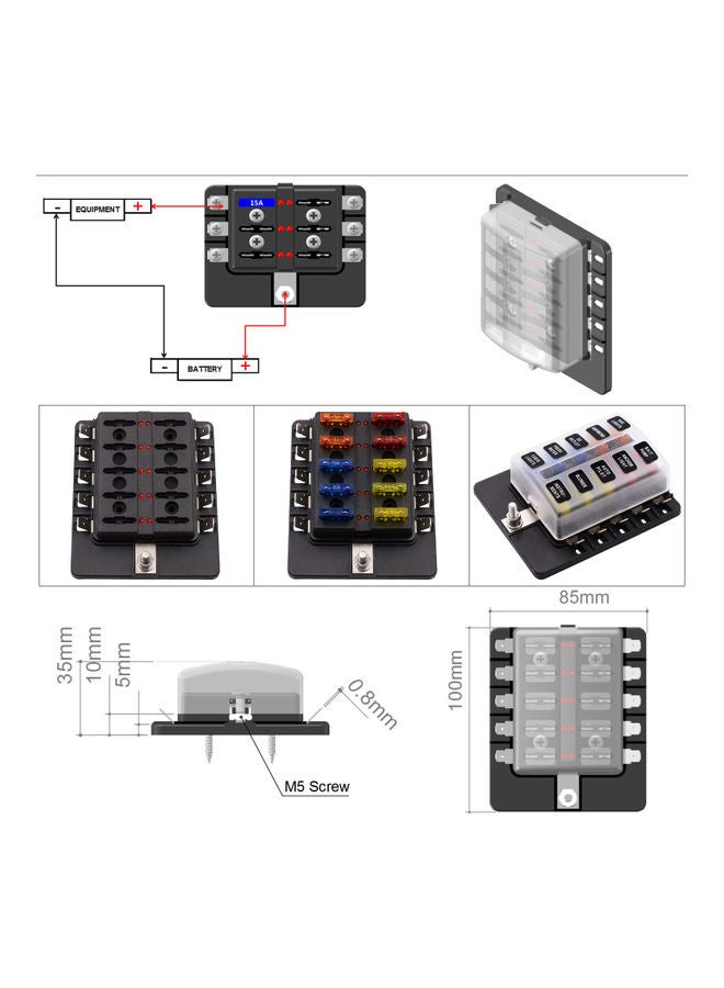 Generic - 10 Way Blade Fuse Box Block With LED Warning Indicator Waterproof Cover For Car Boat RV DC 12-32 - Image 1
