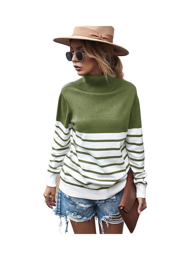 سترة مخططة بقبة عالية اللون الأخضر العسكري/ الأبيض