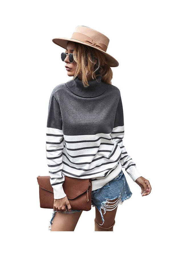 سترة محبوكة بتصميم مخطط رمادي/أبيض - Image 1