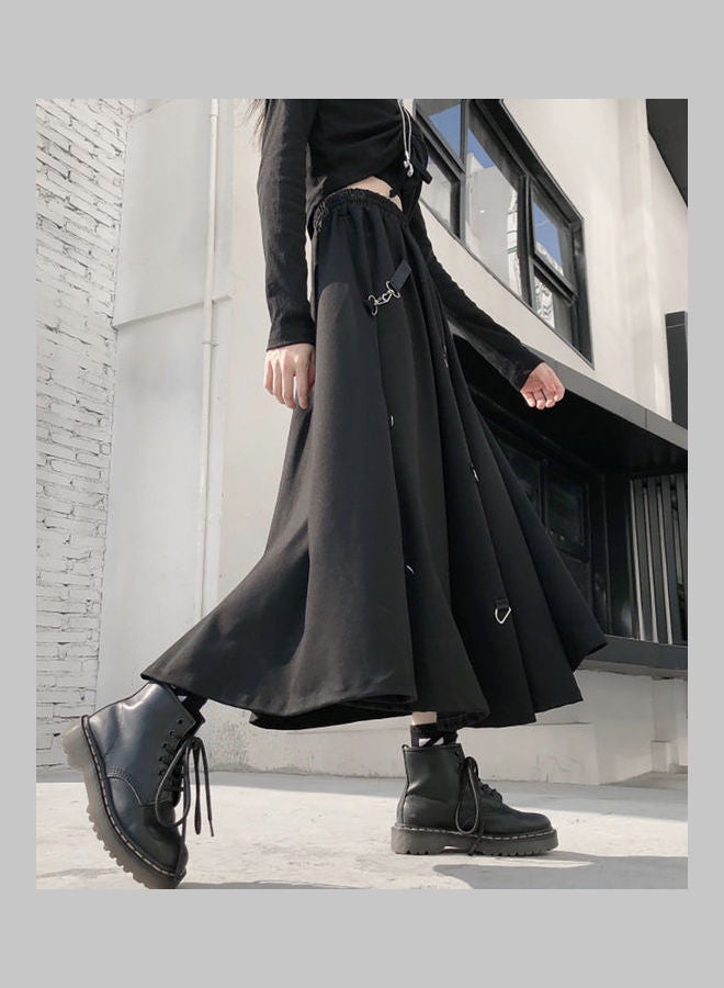 High Waist Hanging Buckle Detail Long Skirt Black  - Image 2