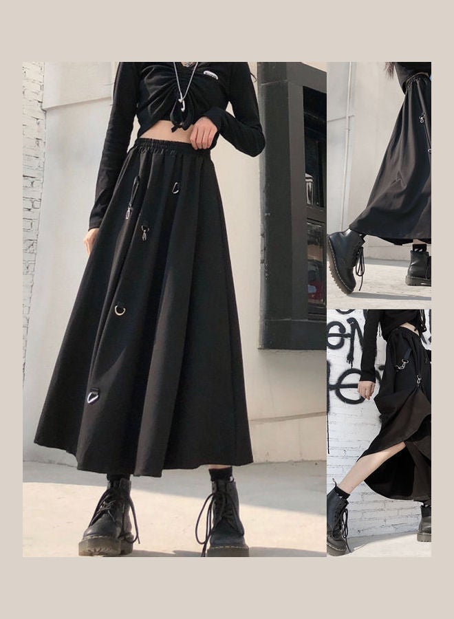 High Waist Hanging Buckle Detail Long Skirt Black  - Image 3