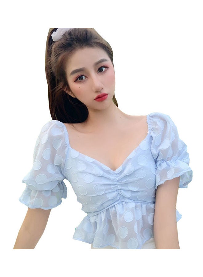 Women V Neck Short Sleeve Crop Top Light Blue  - Image 1